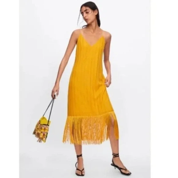 Zara Fringe Hem Midi Dress Marigold  Mustard Yellow Size Small - Picture 3 of 10